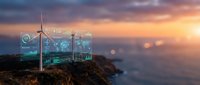 Wind turbines on coastal cliff with digital interface displaying renewable energy data analytics at golden hour sunset for sustainable technology presentations.