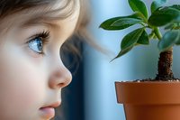 Young blonde girl with blue eyes observing small green plant growing in terracotta pot, curiosity and nature connection concept for education.