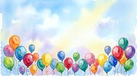 Watercolor balloons in rainbow colors floating against dreamy sky background for party celebrations and festive occasions.