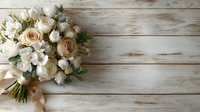 Elegant bridal bouquet with cream roses and white flowers tied with ribbon, placed on rustic wooden planks background.
