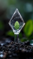 Green leaf preserved in crystal-like ice formation emerging from soil, with natural bokeh background creating magical environmental concept piece.