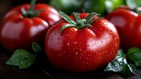 Fresh ripe red tomatoes with water drops and green leaves on dark background, macro shot with selective focus for food photography and design.