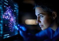 Young female scientist analyzing digital data visualization on futuristic holographic display in dark laboratory, illuminated by blue and purple light effects.