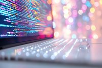 Computer programming code on screen with keyboard in foreground, illuminated by colorful bokeh lights creating modern tech atmosphere. For software development concepts.