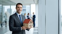Professional Caucasian businessman in dark suit holding wooden house model in modern office with glass walls and city view background for real estate concepts.