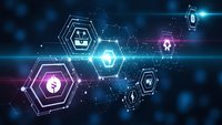 Futuristic digital interface with glowing hexagonal icons and network connections on dark blue technology background for modern business presentations.