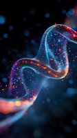 Glowing DNA helix structure with sparkling particles in blue and orange colors against dark background, scientific molecular concept for genetics research and biotechnology.