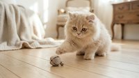 Fluffy cream-colored Scottish Fold kitten playing with toy mouse on wooden floor in cozy home interior with soft furnishings and natural light.