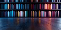 Futuristic neon lights reflecting on dark wooden floor with glowing vertical stripes in blue, pink and yellow creating modern abstract background for technology concept.