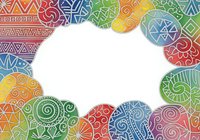 Colorful ornamental circles with ethnic patterns arranged in frame border on white isolated background, ready for design projects, invitations, and decorative layouts.
