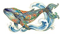 Ornate whale with decorative patterns and flowing tail waves in blue, green, and gold tones. Isolated artwork suitable for prints, textiles, and design projects.