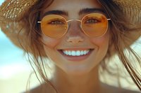 Young woman with bright smile wearing round yellow sunglasses and straw hat against sunny sky background, close up portrait showing natural freckles and joy.