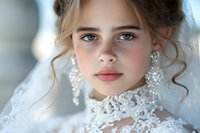 Young bride in luxurious white lace wedding dress and crystal earrings, with natural makeup, soft curled updo hairstyle and delicate features against blurred background.