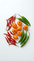 Fresh hot chili peppers and small orange pumpkins arranged on white background, isolated autumn harvest vegetables for cooking and seasonal recipes.