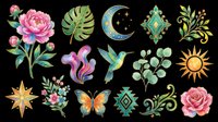Botanical and celestial design elements collection with pink roses, monstera leaves, hummingbird, butterfly, sun, moon, and decorative flourishes isolated on transparent background for t-shirts, clipart, and sublimation.