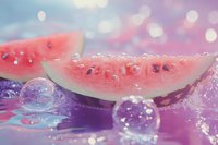 Fresh watermelon slices with water drops on purple background, dreamy bokeh effect creates magical summer atmosphere with crystal spheres and sparkles.