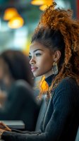 Young African American woman with curly copper hair in profile view, wearing black sweater and statement earrings, soft evening lighting creates warm ambiance.