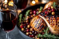 Roasted turkey with cranberries, rosemary herbs and red wine on dark background. Festive dinner with golden crispy poultry and seasonal garnish.