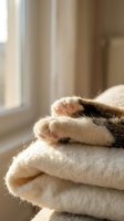 Close-up of cat paws resting on folded cream blankets near a sunlit window, showcasing soft fur and pink toe beans for pet care and comfort themes.