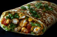 Grilled chicken burrito with fresh vegetables, corn, tomatoes and cilantro wrapped in flour tortilla, drizzled with sauce on dark background. Close up food photo.
