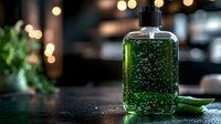 Green herbal shampoo bottle with natural ingredients on dark surface with warm bokeh lights creating spa atmosphere for hair care and wellness products.