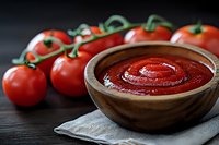 Fresh tomato sauce in wooden bowl with ripe vine tomatoes on dark background. Natural ingredients for homemade Italian cooking and Mediterranean cuisine.