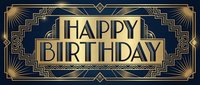 Happy Birthday greeting in art deco style with gold geometric patterns and ornamental details on dark navy background. Suitable for cards, invitations, and celebrations.