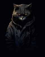 Mysterious black cat wearing dark hoodie against black background, glowing amber eyes and serious expression create dramatic mood for fantasy art concept.