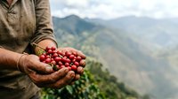 Farmer holding fresh red coffee cherries in hands with mountain plantation landscape in background, harvesting ripe berries for processing and production.