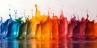 Vibrant rainbow paint splash sequence with dynamic liquid drops and splashes reflecting on glossy surface, colorful abstract art composition showing fluid motion.