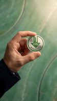 Male hand holding a round silver badge with CO2 reduction symbol and green arrow, representing carbon footprint decrease and climate action.