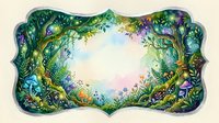 Enchanted forest frame with lush green foliage, purple flowers and magical lighting creating whimsical border for fairy tale designs and fantasy projects.
