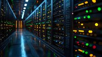 Dark server room corridor with glowing LED indicators, network equipment racks, and modern data center infrastructure illuminated by blue ambient lighting. Suitable for technology concepts.