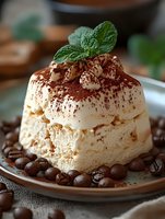 Creamy tiramisu dessert garnished with fresh mint leaves and cocoa powder, served on ceramic plate surrounded by coffee beans, macro food photography.