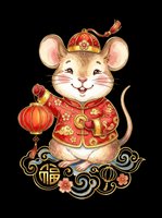 Cute mouse character wearing traditional red festive clothing and hat, holding red lantern, sitting on decorative cloud with gold accents. Isolated on transparent background, ready for t-shirts, stickers, clipart, print-on-demand and sublimation designs.