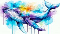 Majestic humpback whale swimming through vibrant watercolor splashes in blues, purples and yellows with paint drips on white background for artistic designs.