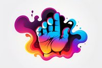 Colorful gradient hand gesture with vibrant liquid splash effect on white background, featuring rainbow colors and flowing abstract shapes. Isolated design element.