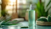 Green glass cosmetic bottle with shimmering liquid against blurred aloe vera plant and natural spa elements on light surface, soft morning sunlight glow.