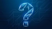 Glowing blue question mark with geometric polygonal design on dark technology circuit board background for digital innovation concepts.