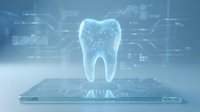 Digital holographic tooth projection from tablet screen with glowing particles and circuit patterns for dental technology and healthcare innovation concepts.