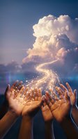 Hands reaching toward glowing magical light stream flowing from dramatic clouds in dreamy sky for spiritual and inspirational concepts.