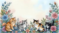 Adorable kittens sitting among colorful flowers and botanical elements, watercolor style illustration isolated on white background for design projects.