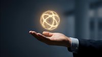 Businessman holding a glowing golden energy sphere above his palm, symbolizing innovation, power, and futuristic technology in business.
