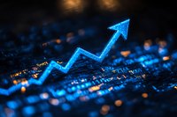 Glowing blue upward arrow on digital data background representing growth, success, and rising financial trends for business analytics and investment concepts.