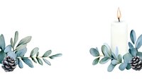 Festive winter arrangement with burning white candle, eucalyptus leaves and pine cones on white isolated background, symmetrical holiday design.