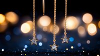 Glowing crystal star ornaments hanging on golden chains against blurred bokeh lights background creating magical festive atmosphere for holiday designs.