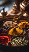 Hand holding brass spoon over traditional metal container with vibrant spices including turmeric, paprika, cardamom pods and cumin seeds for cooking.