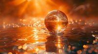 Crystal glass sphere on water surface reflecting golden sunset light with bokeh effects creating magical atmosphere for meditation and relaxation.