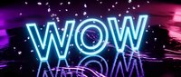 Bright neon WOW text glowing in blue electric light against purple cosmic background with stars and energy effects for advertising and promotional designs.