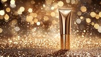 Luxury cosmetic cream tube on sparkling golden glitter background with bokeh lights and shimmering particles. Premium skincare product presentation.